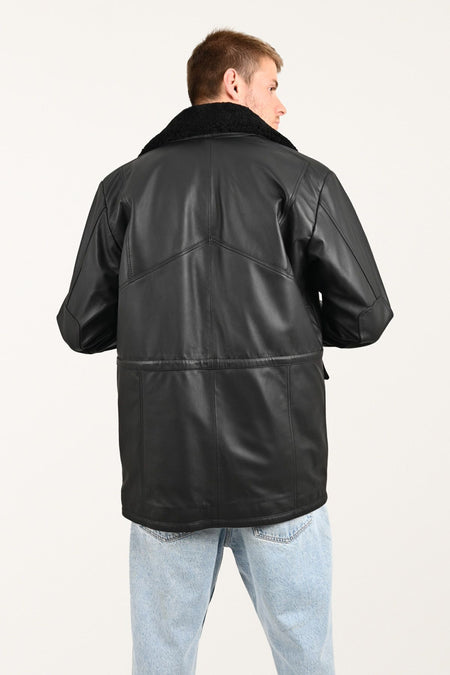ALIN Tarkan Men's Genuine Leather Fur Collar Leather Coat Black - MALLTURK