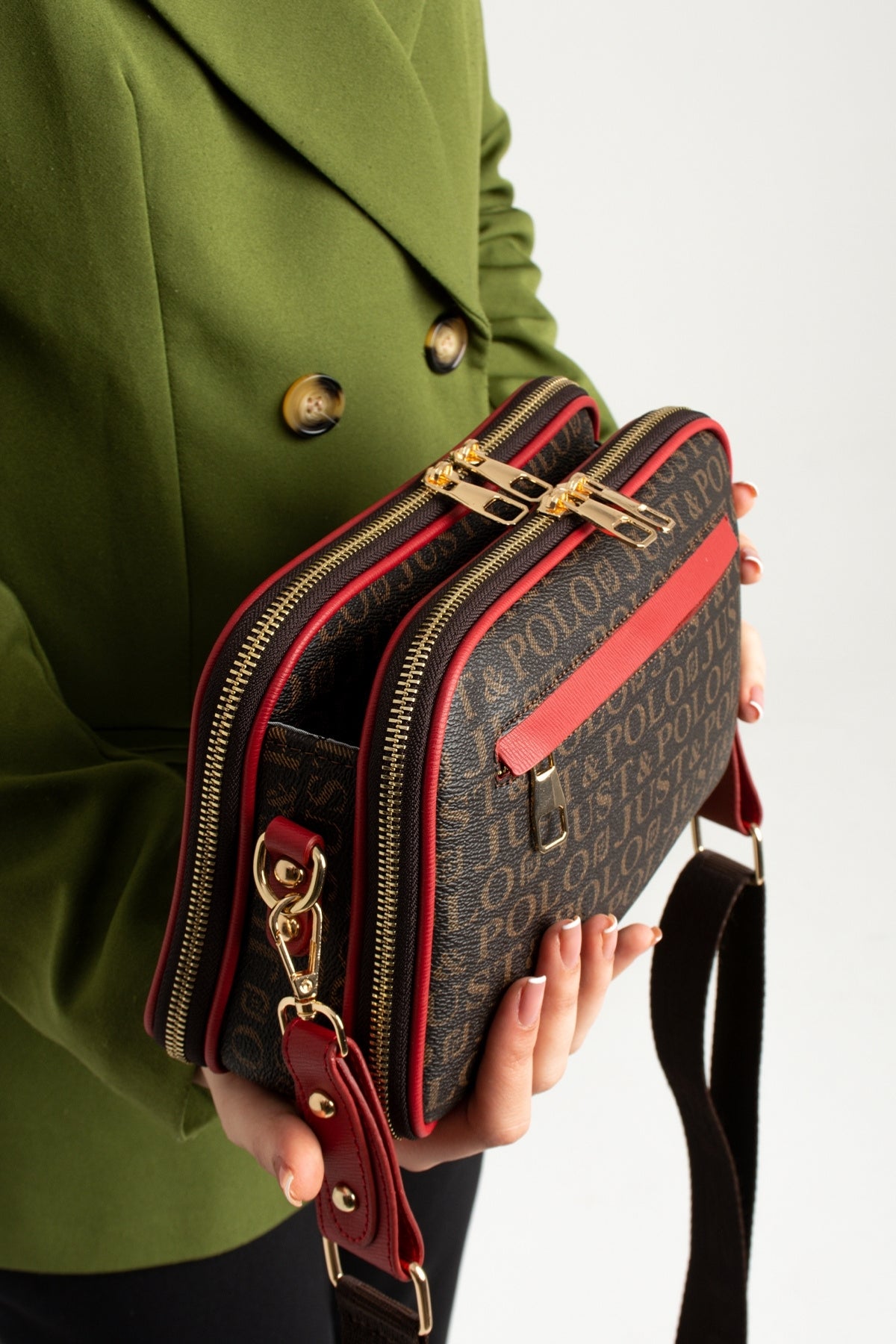 Just Polo Original Women's New Season 5-Compartment Luxury Soft Leather Adjustable Crossbody Shoulder Bag Color Red - MALLTURK