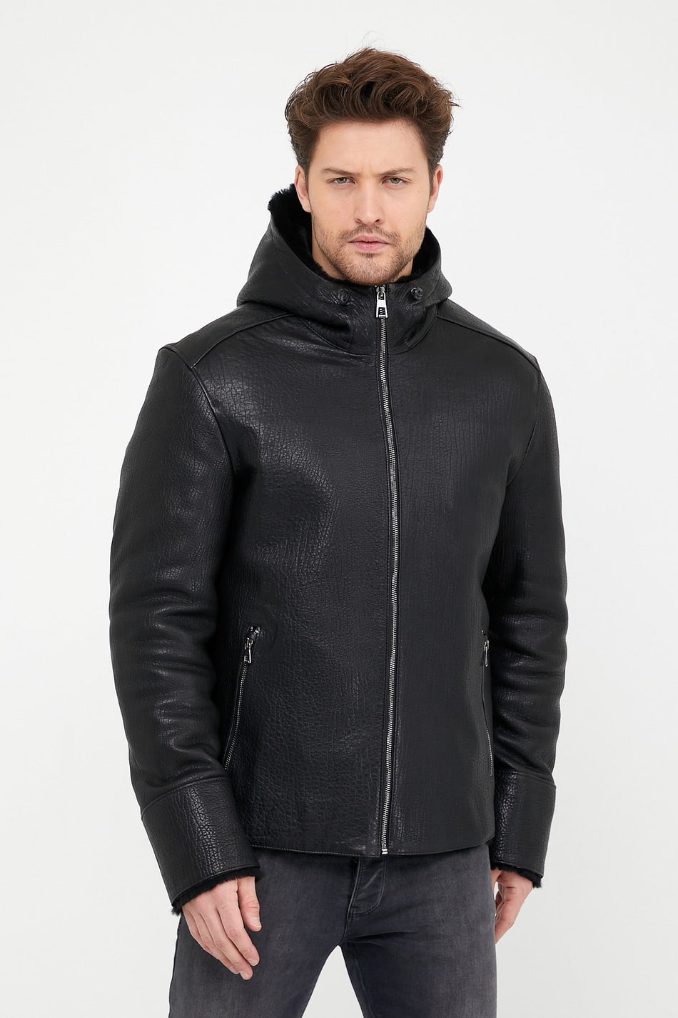 Zwarte jumbo-lamsvachtjas van Leather Club