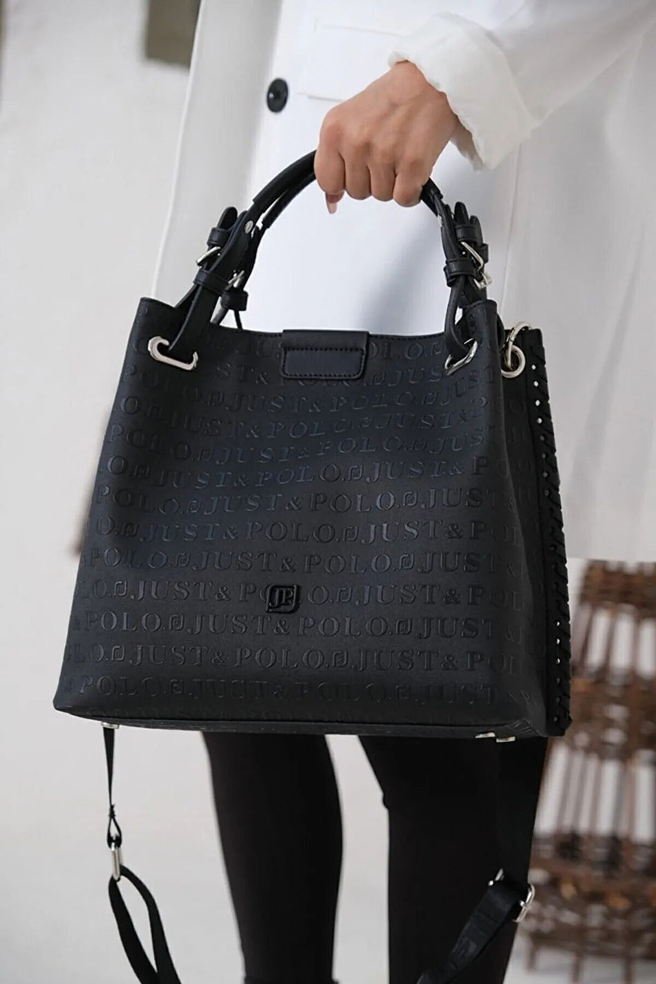 Just Polo Women's Black Embossed Pattern Magnetic Snap Closure Handbag with Shoulder Strap
