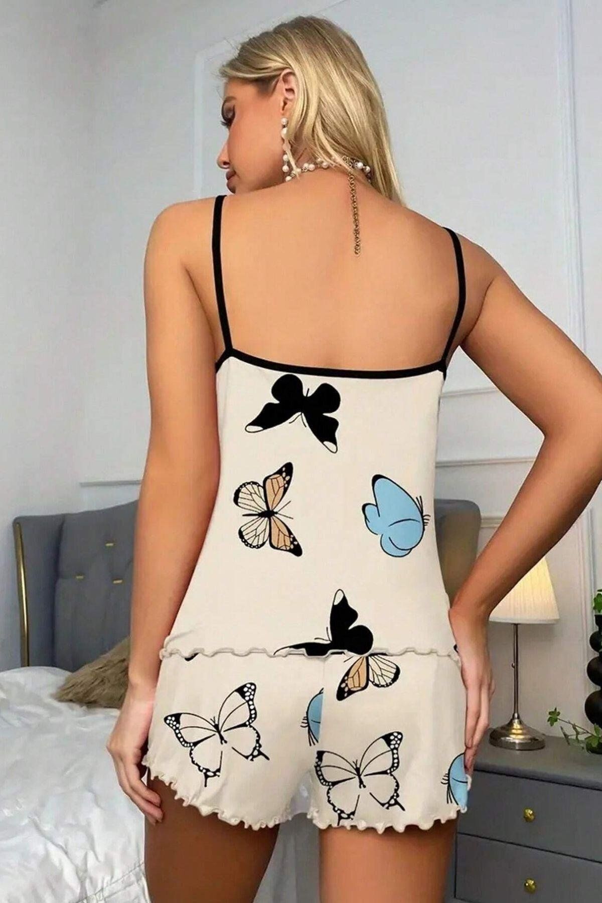 2 Piece Butterfly Printed Pajama Set with Shorts - MALLTURK