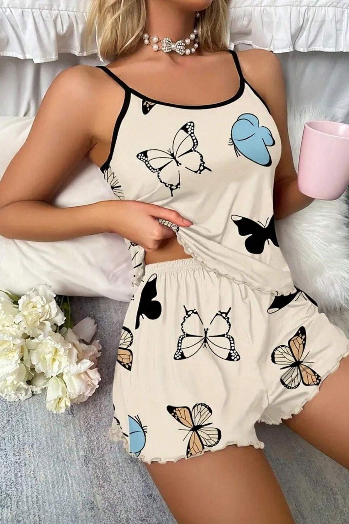 2 Piece Butterfly Printed Pajama Set with Shorts - MALLTURK