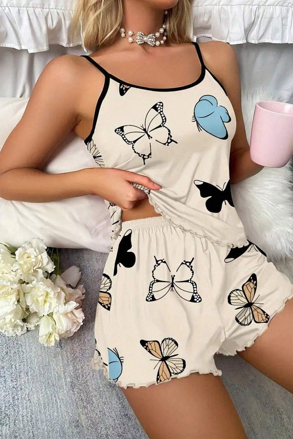2 Piece Butterfly Printed Pajama Set with Shorts - MALLTURK
