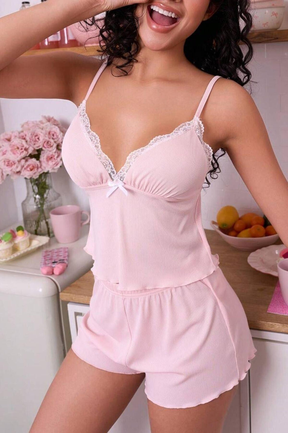 2 Piece Cotton Lace Trimmed Summer Pajama Set - MALLTURK