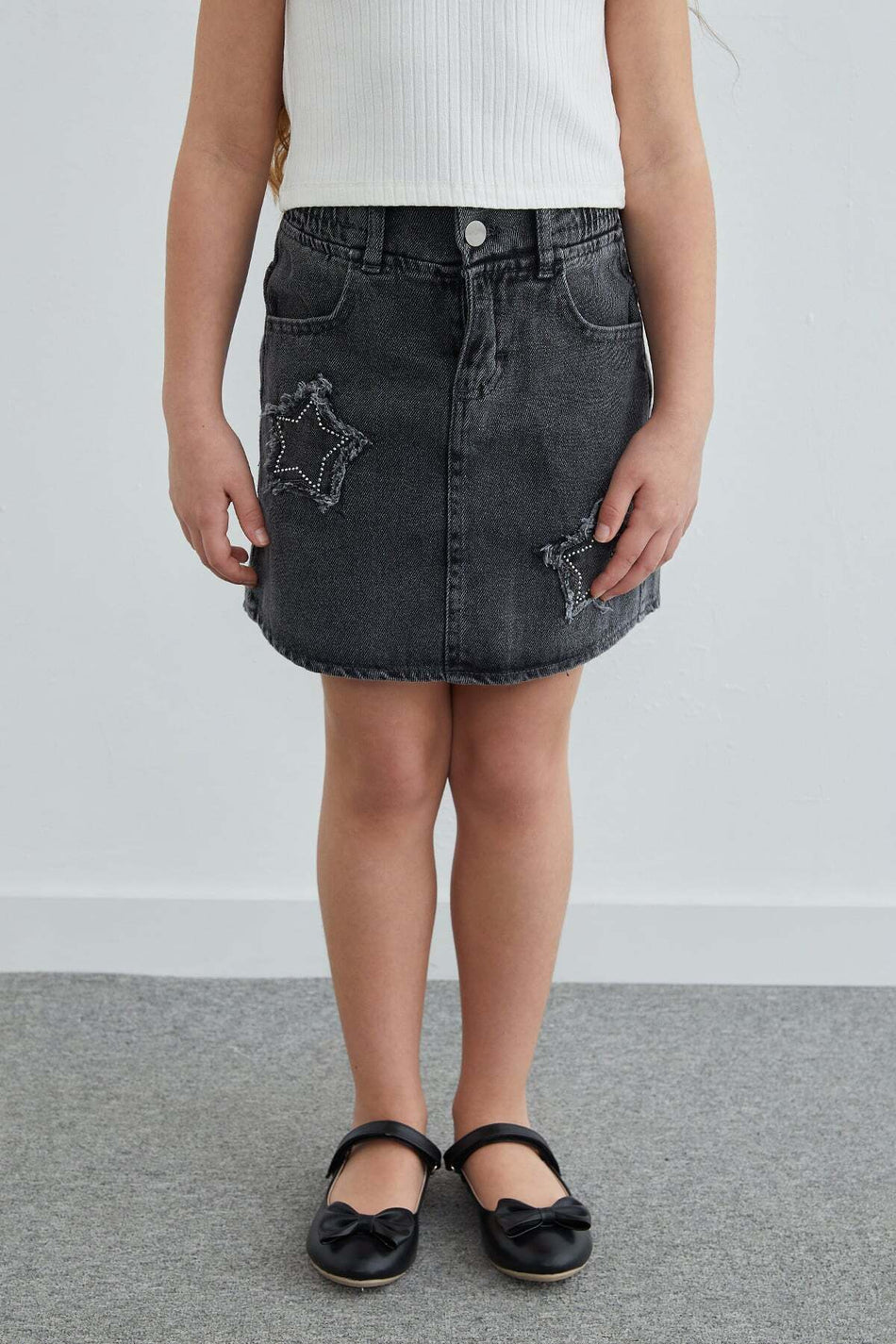 23 April Elastic Waist Star Embroidered and Stoned Girls' Jean Skirt - MALLTURK