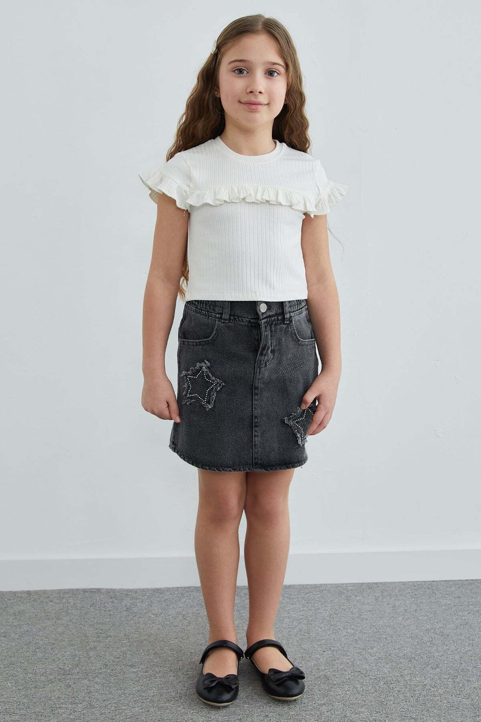 23 April Elastic Waist Star Embroidered and Stoned Girls' Jean Skirt - MALLTURK