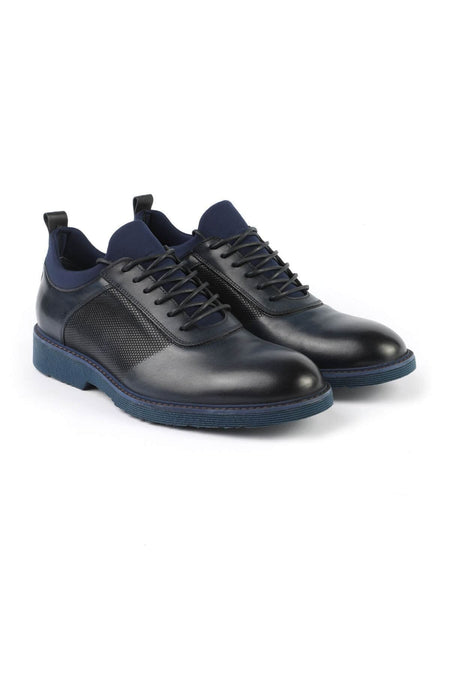 2999 Navy Blue Genuine Leather Men's Lace-up Casual Shoes - MALLTURK