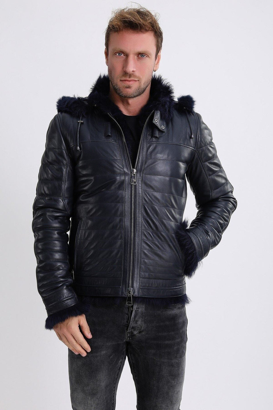 Veste en cuir de Toscane bleu marine Leather Club avec doublure en fourrure
