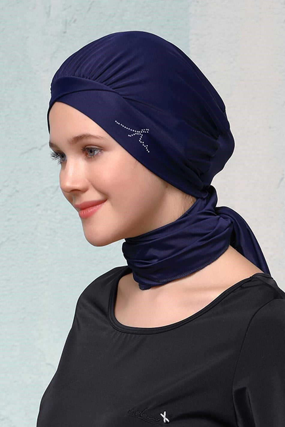 Navy Blue Stone Embellished Cross-Shaped Hijab Bonnet