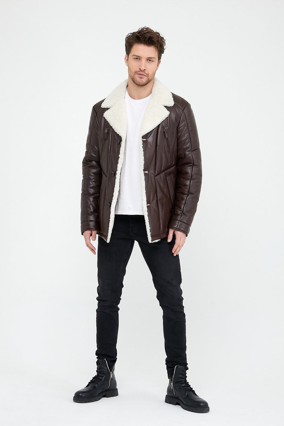 Manteau en fourrure de mouton café à double boutonnage Leather Club