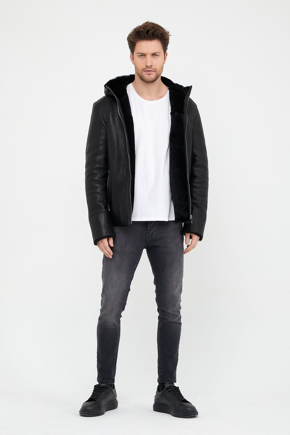 Zwarte jumbo-lamsvachtjas van Leather Club