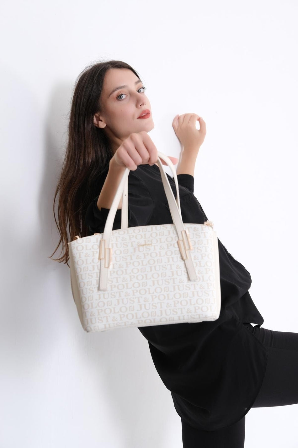Just Polo Women's Monogram Print Handbag 2066 Cream - MALLTURK