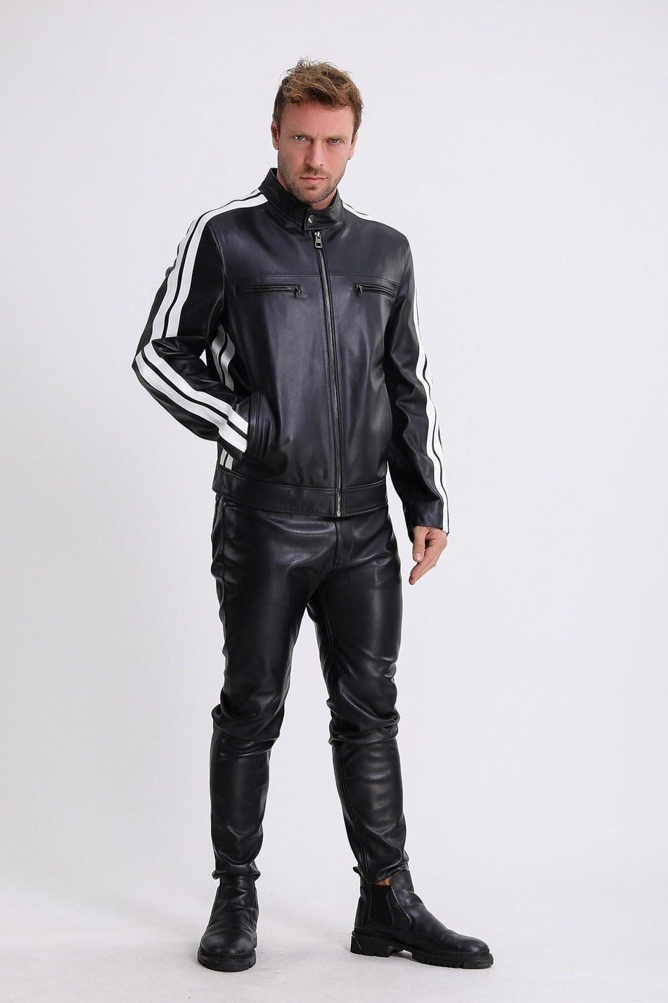Casaco de cabedal Leather Club às riscas pretas e brancas