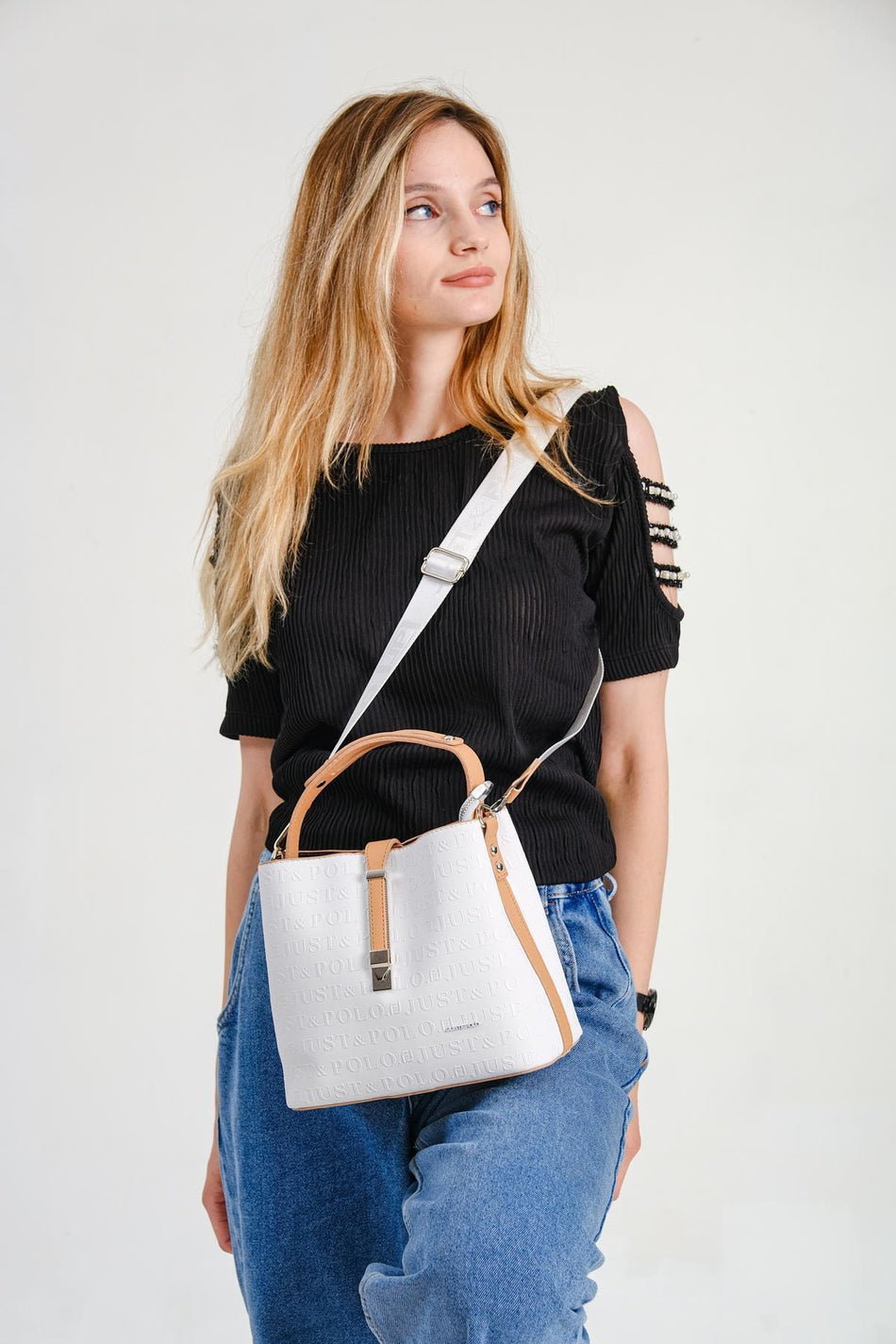 Just Polo Women's Embossed Print Vegan Shoulder and Handbag with Lock Detail JPM4002 White Tan - MALLTURK