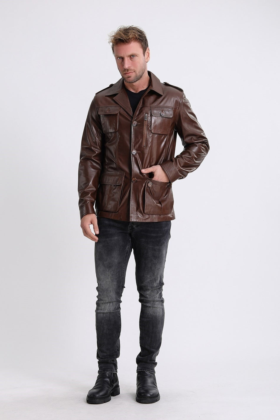 Veste de commandant en cuir végétal couleur café Leather Club