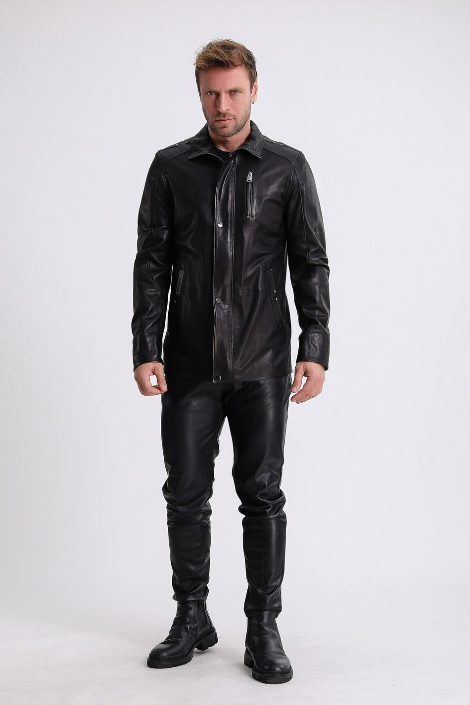 Manteau en cuir végétal Leather Club avec détails de surpiqûres noires