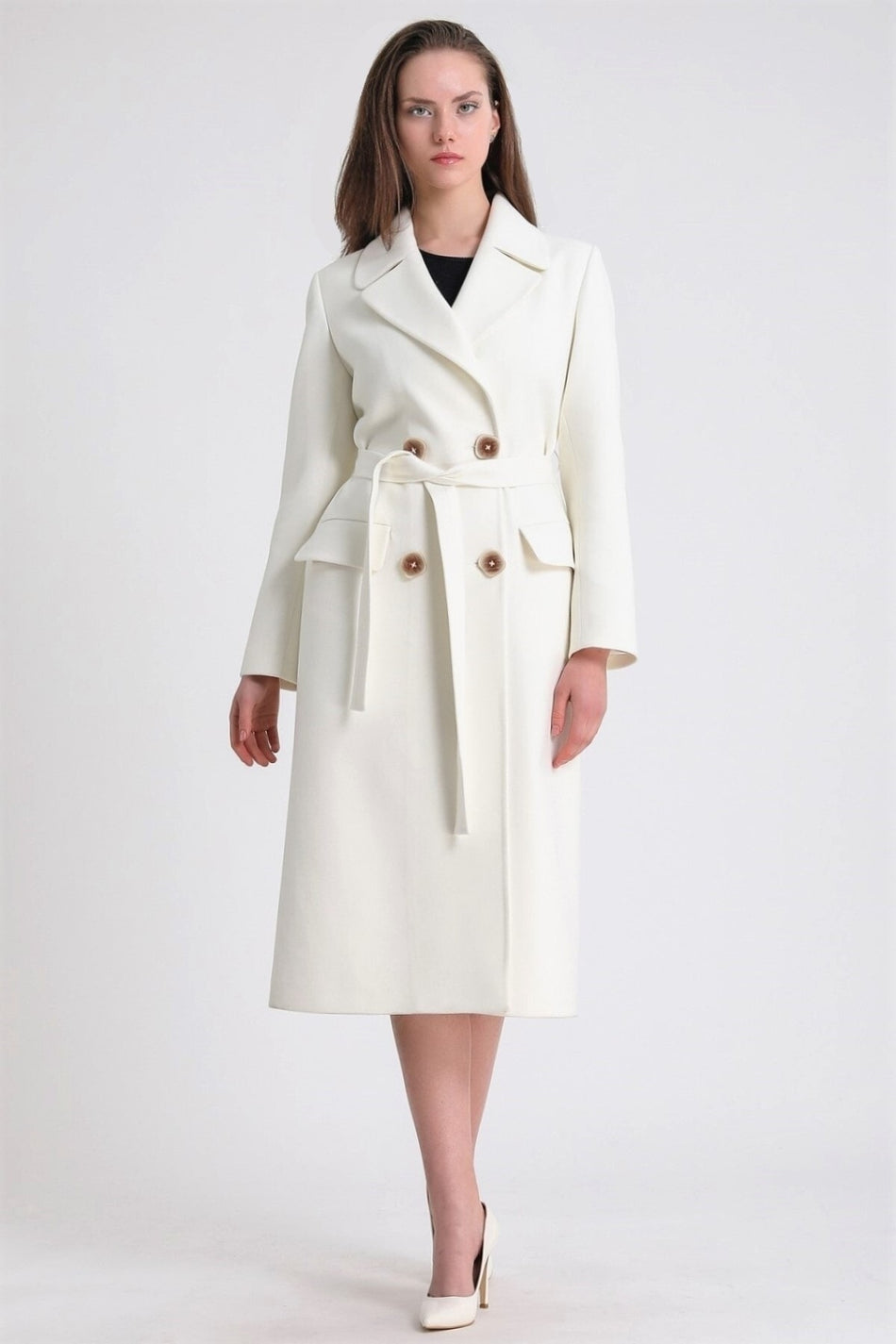 Leather Club White Double-Breasted Cashmere Coat