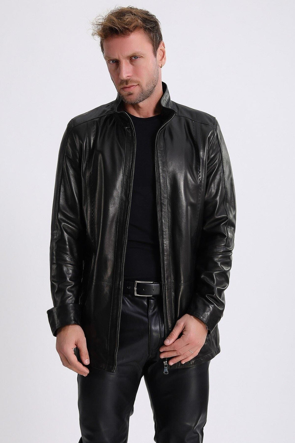 Черное пальто Leather Club из растительно дубленой кожи