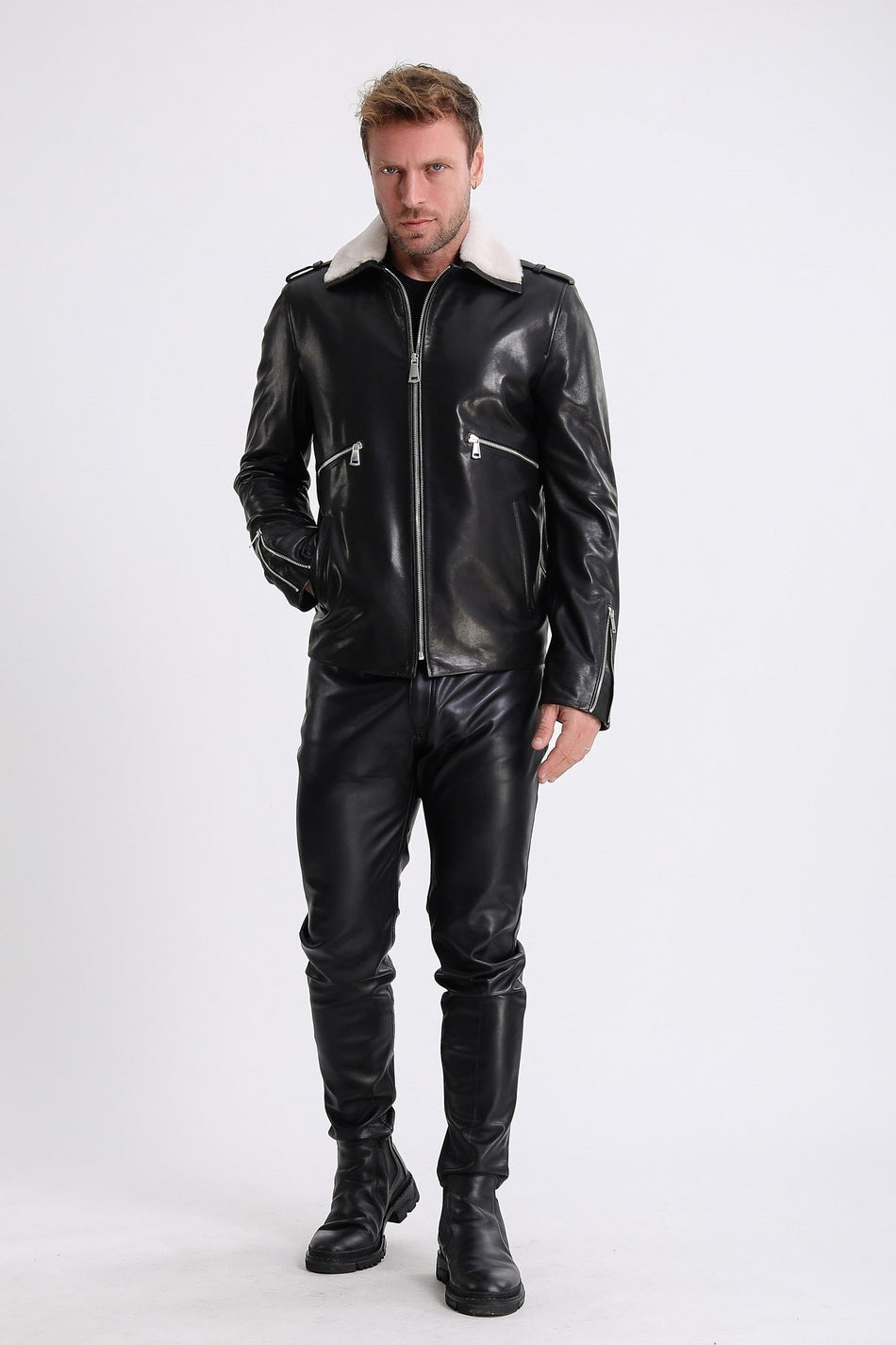 Veste en cuir végétal noir Leather Club avec accessoires en fourrure