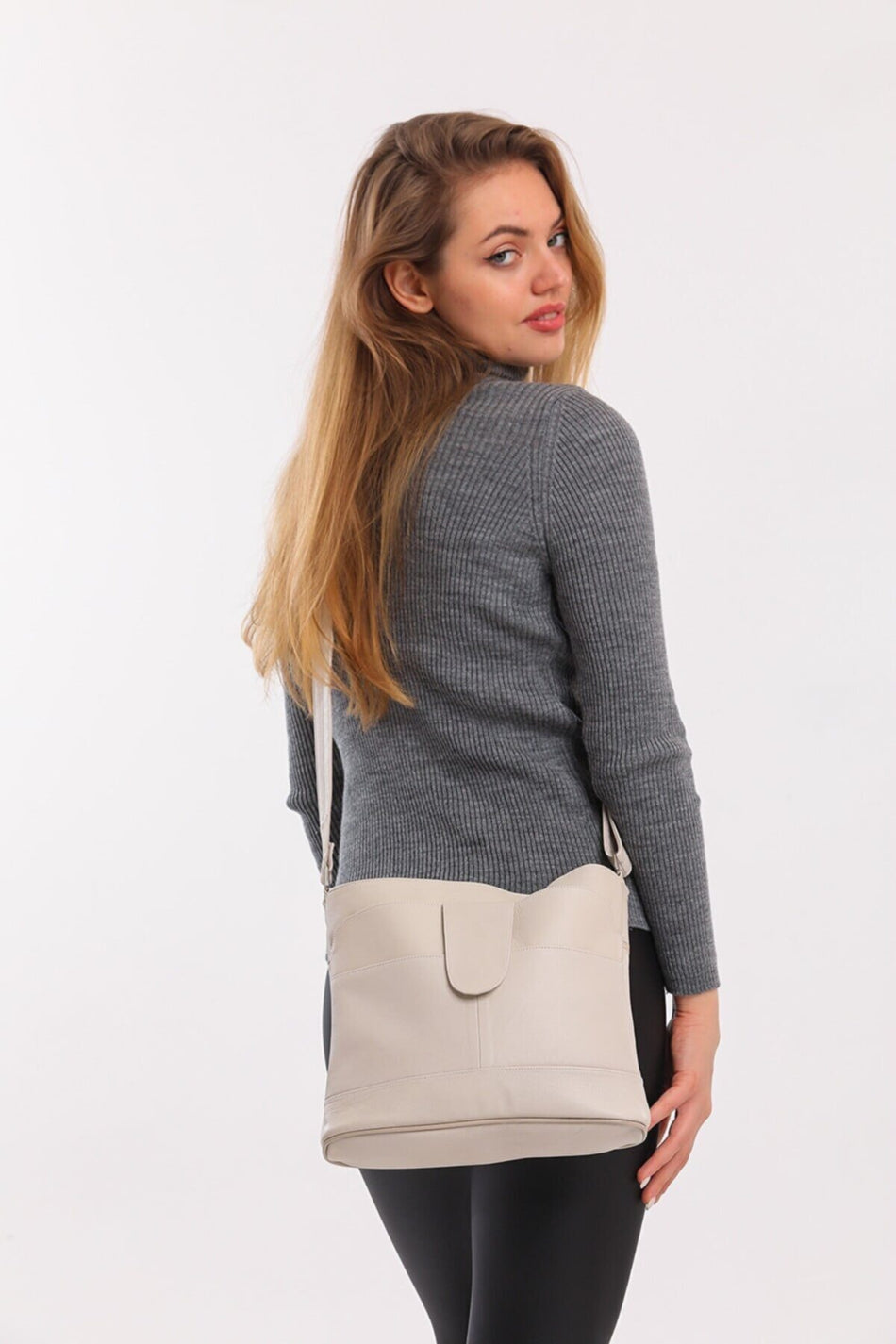 Fubileather Genuine Leather Crossbody Messenger Bag Beige
