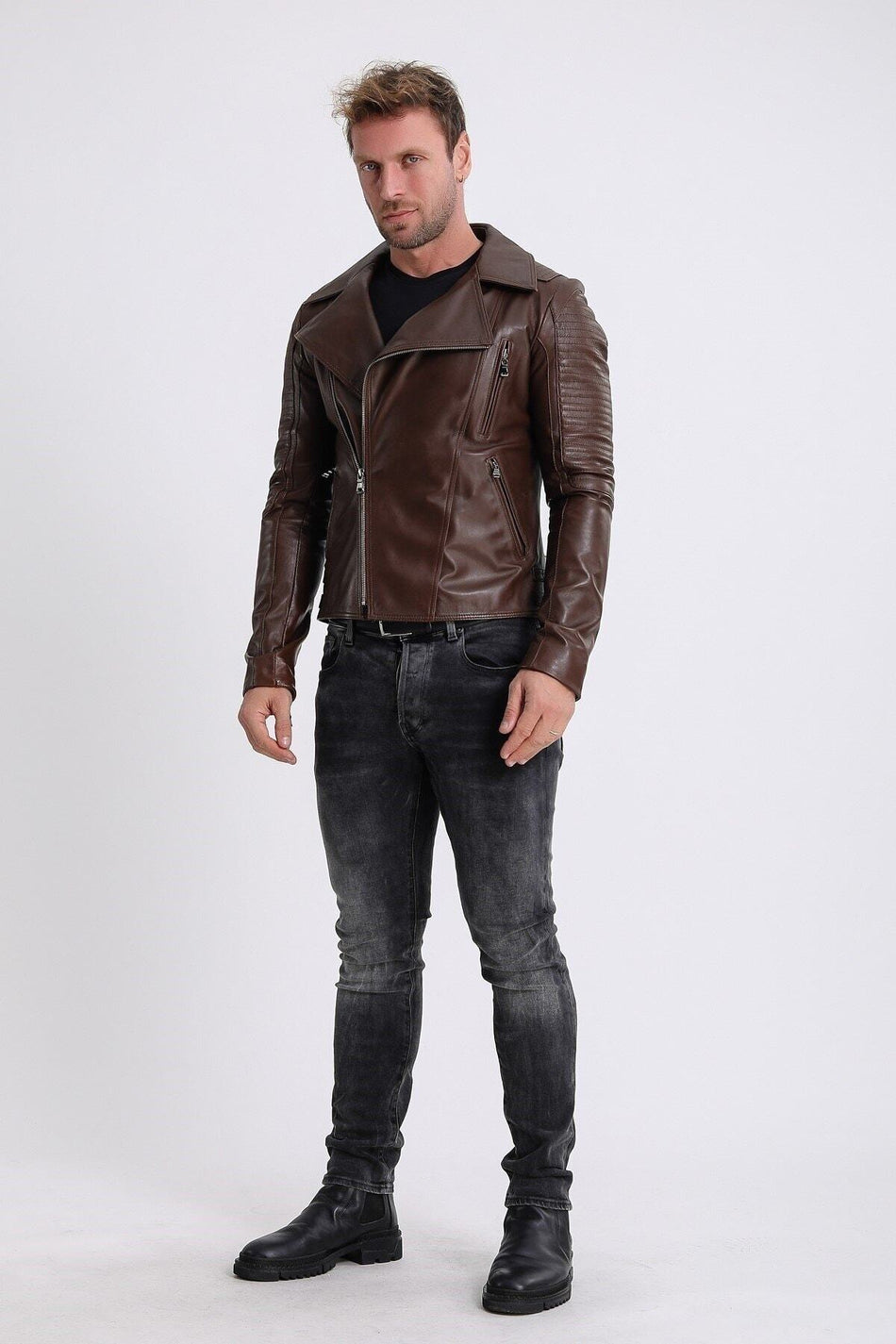 Leather Club Giacca biker in pelle color caffè