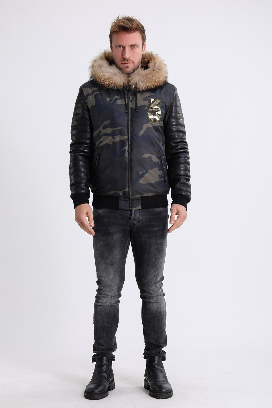 Leather Club kaki legerjas van leer met vossenbontaccessoire