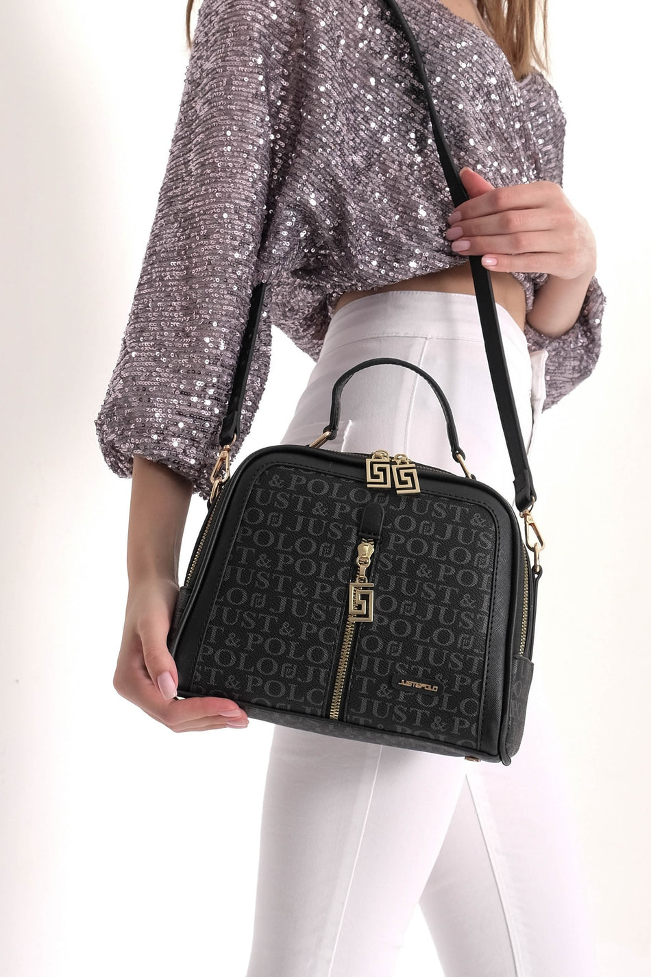 Just Polo Women's Black 4-Compartment Adjustable Long Strap Hand and Shoulder Bag - MALLTURK