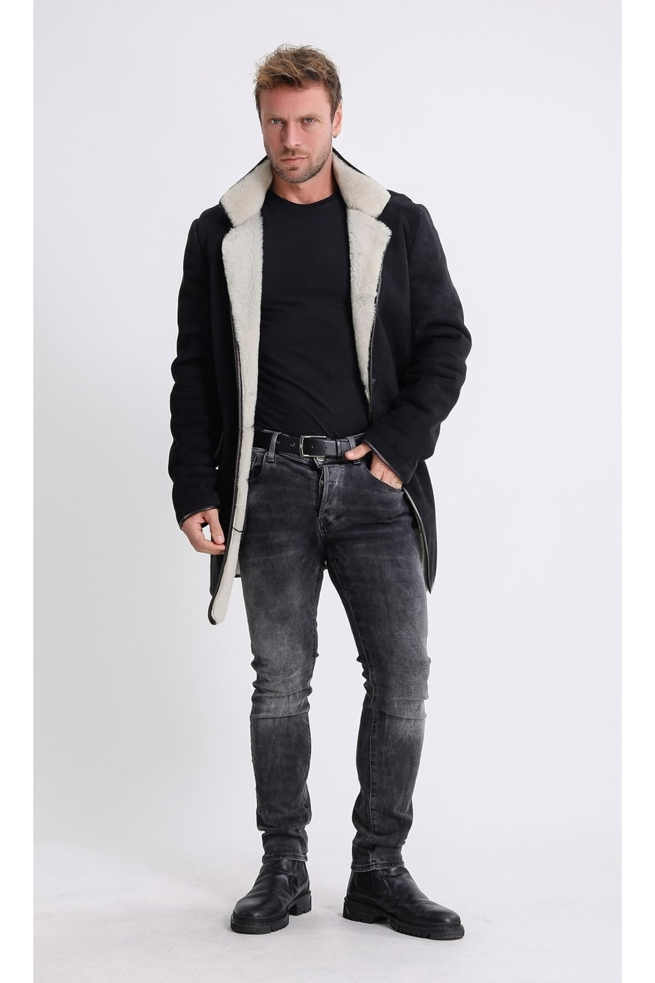 Cappotto in pelle scamosciata bianca e nera con fodera in pelliccia Leather Club