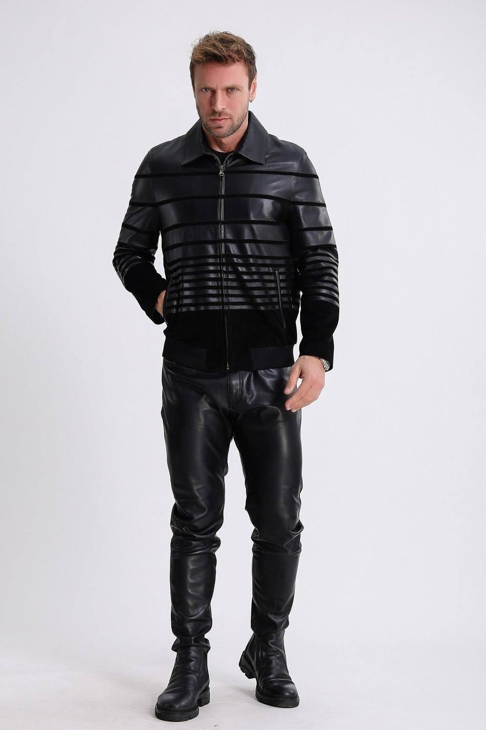 Casaco de camurça azul-marinho Leather Club com detalhe às riscas