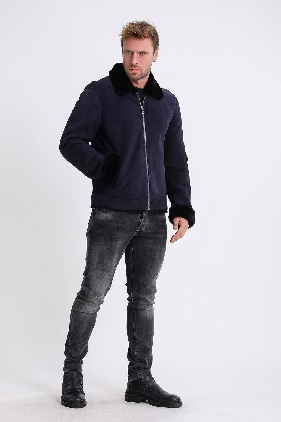 Veste de pilote en daim bleu marine Leather Club