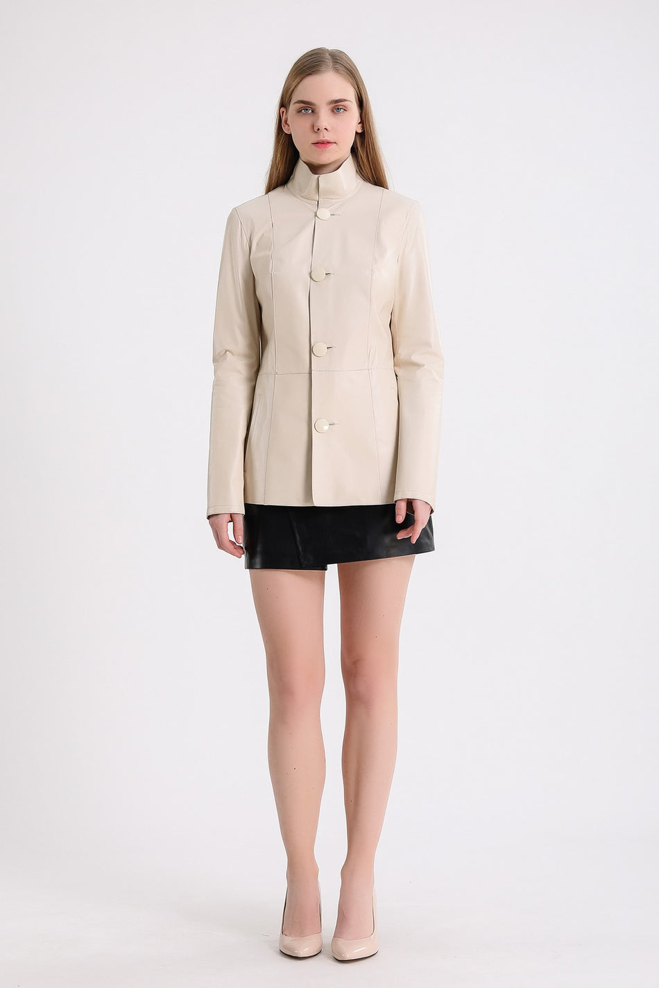 Leather Club Cream Buttoned Leather Coat