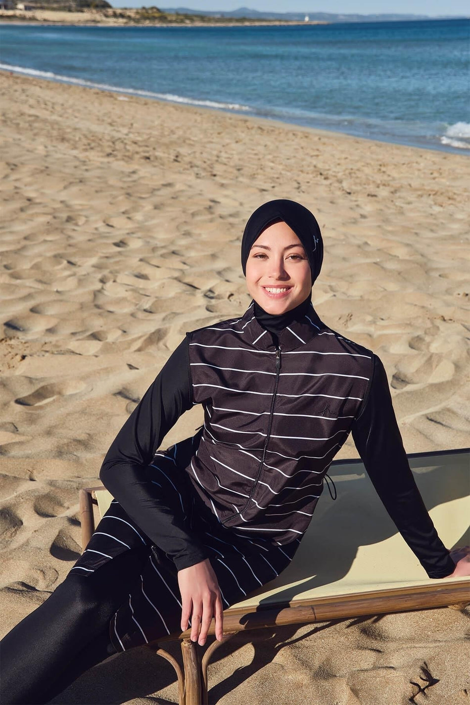 Hasema White Striped Straight Leg Black Vest 4-Piece Modest Swimsuit Set - MALLTURK