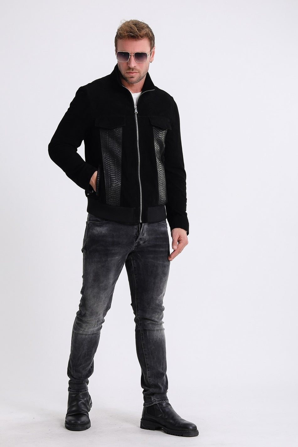 Leather Club Giacca in camoscio nera con dettagli in pelle di coccodrillo