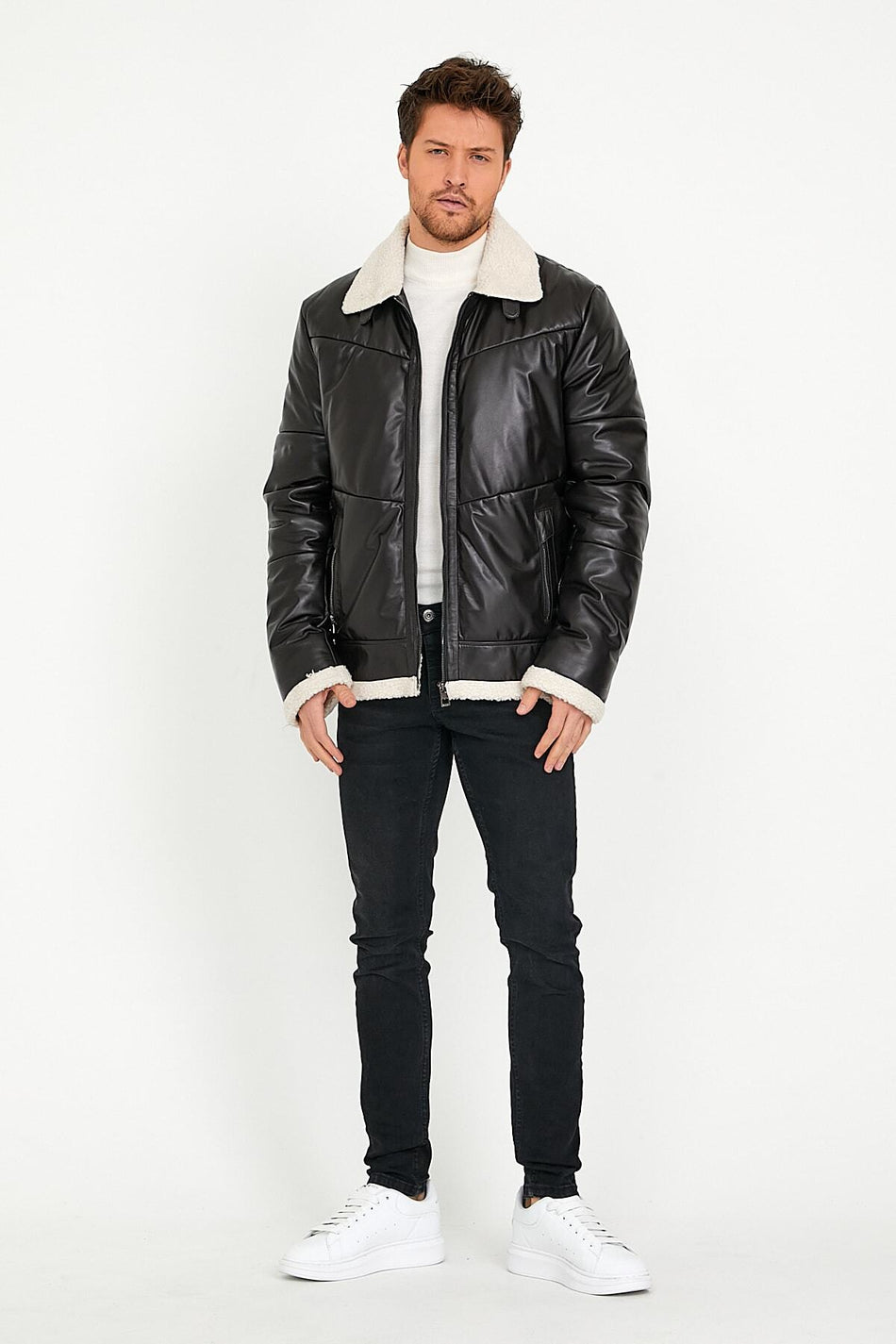 Veste en cuir marron foncé Leather Club avec accessoires en laine