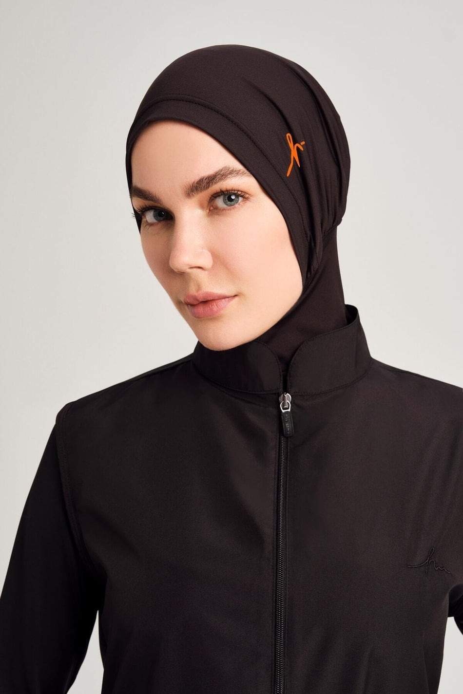 Black Hijab Swimsuit with Orange Logo Detail