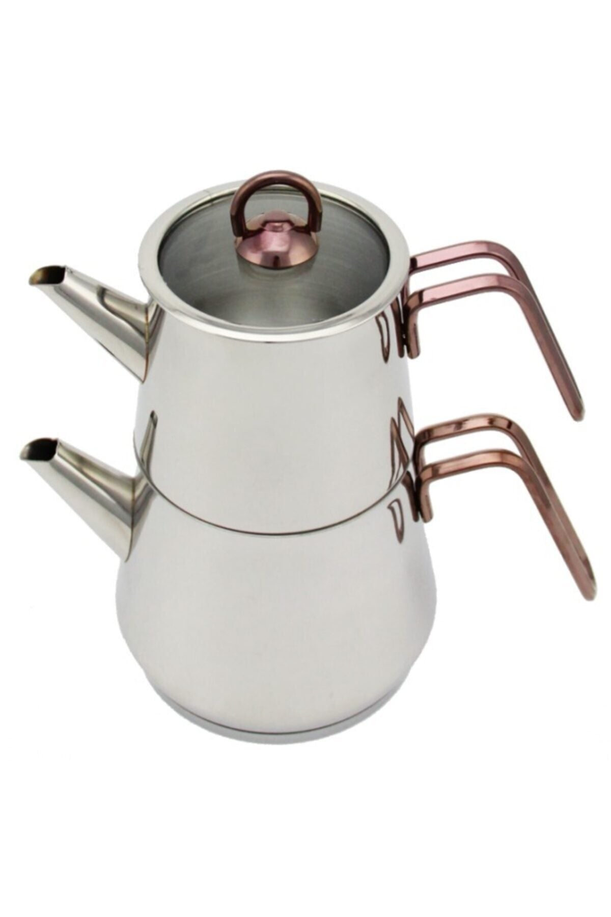 Akdeniz Pyramid Elite Mini size Stainless Steel Teapot Set - Special Series Teapot with Copper Color Metal Handles - MALLTURK