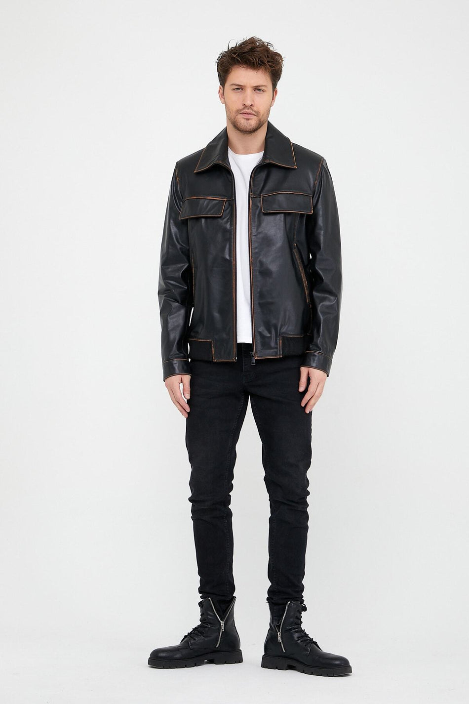 Chaqueta de cuero negra vintage con efecto degradado Leather Club