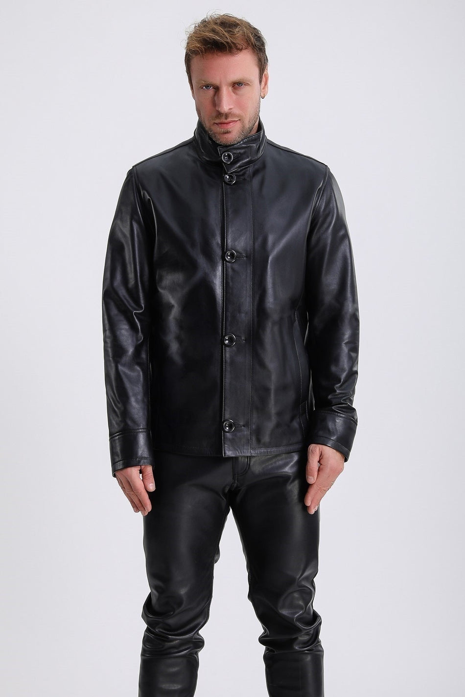 Chaqueta de cuero negra con detalles de botones Leather Club