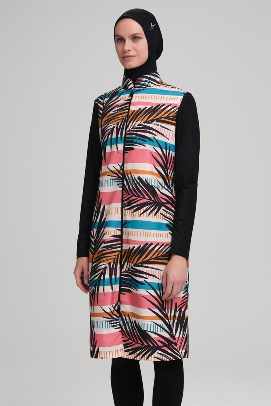 Hasema Colorful Striped Black Vest 4-Piece Modest Swimsuit Set