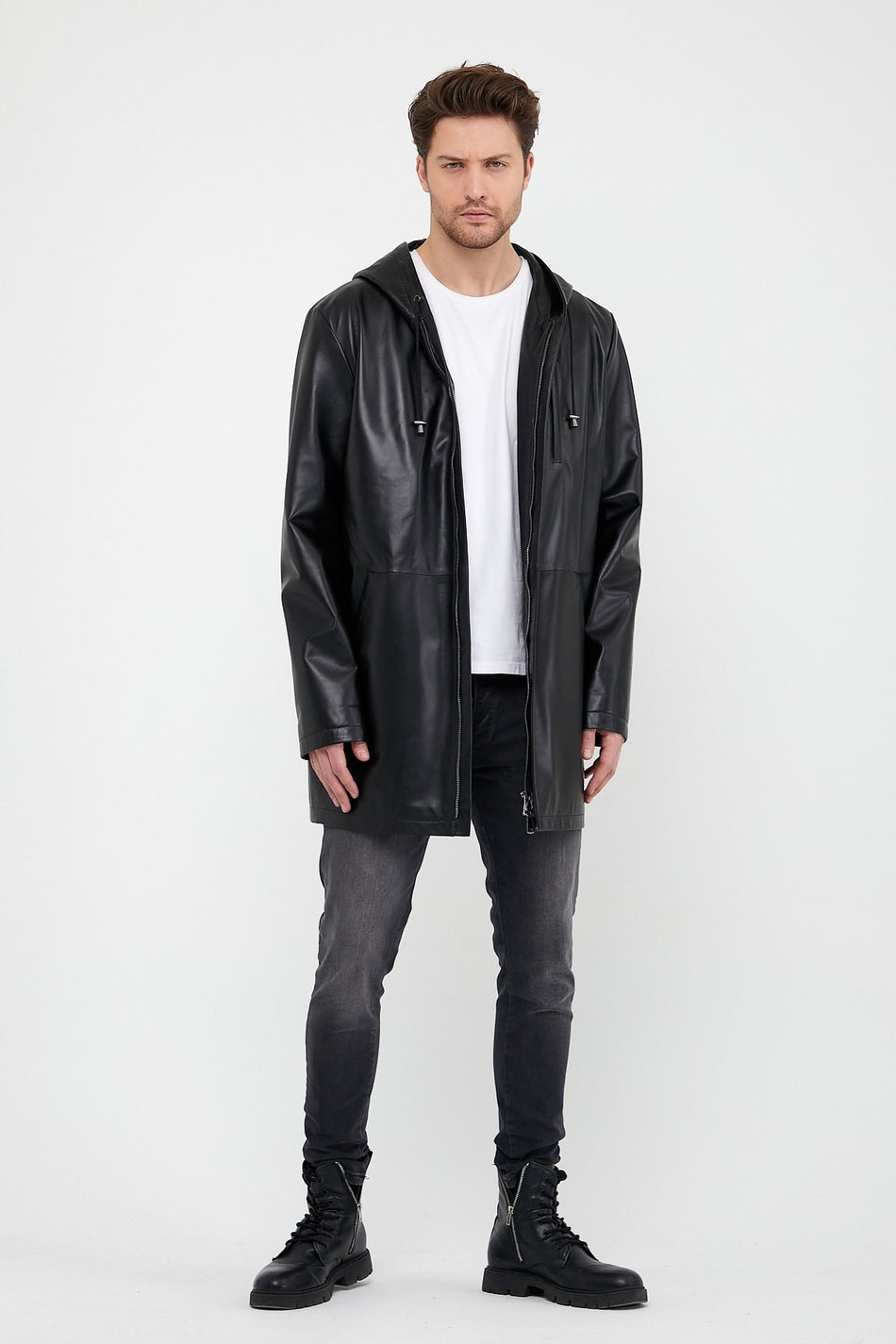 Giacca in pelle nera con cappuccio Leather Club