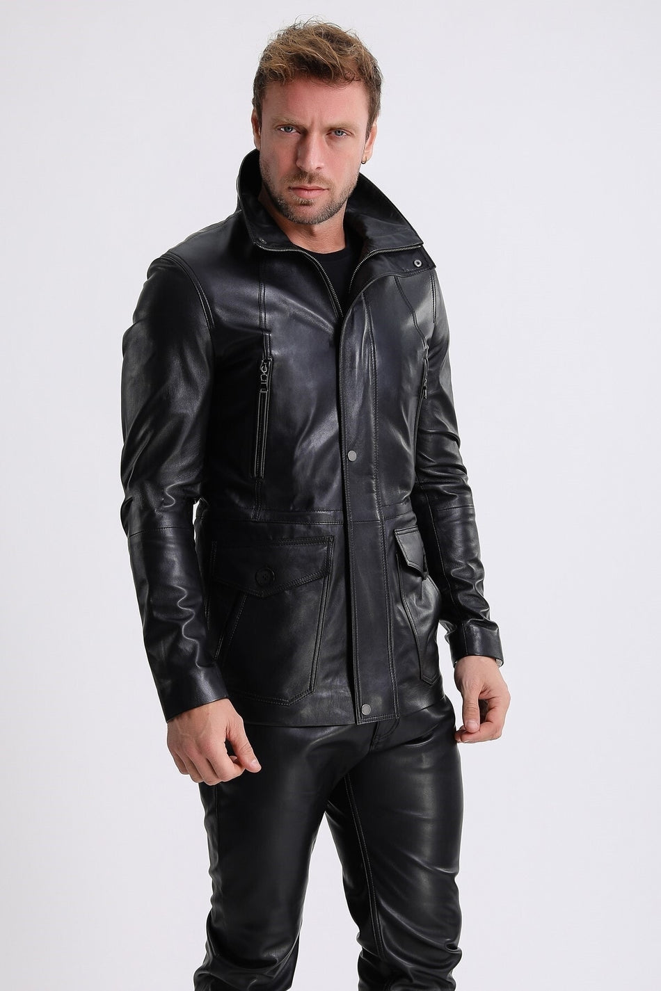 Cappotto Montaigne in pelle nera Leather Club