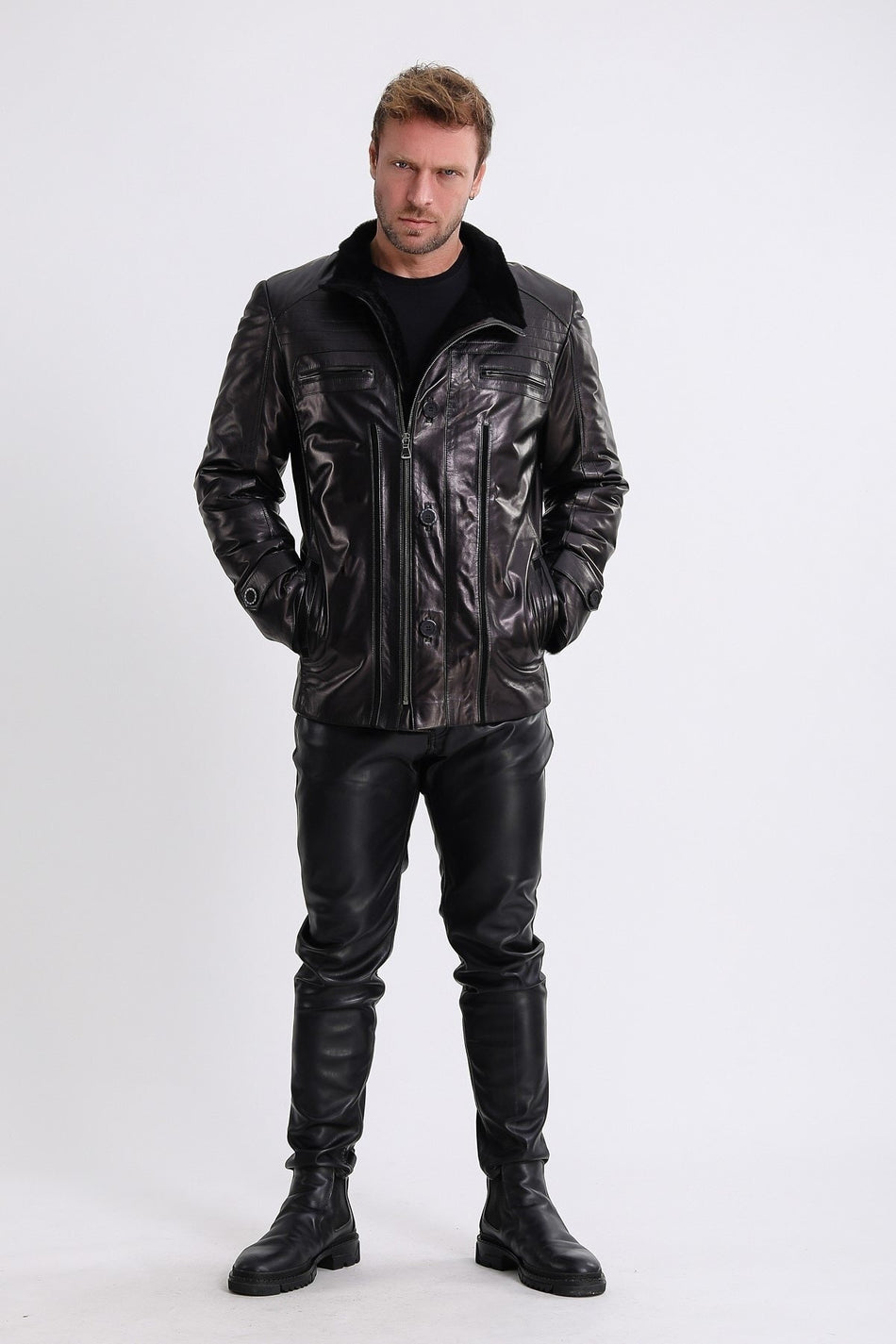 Leather Club zwarte leren jas met lamsvachtvoering