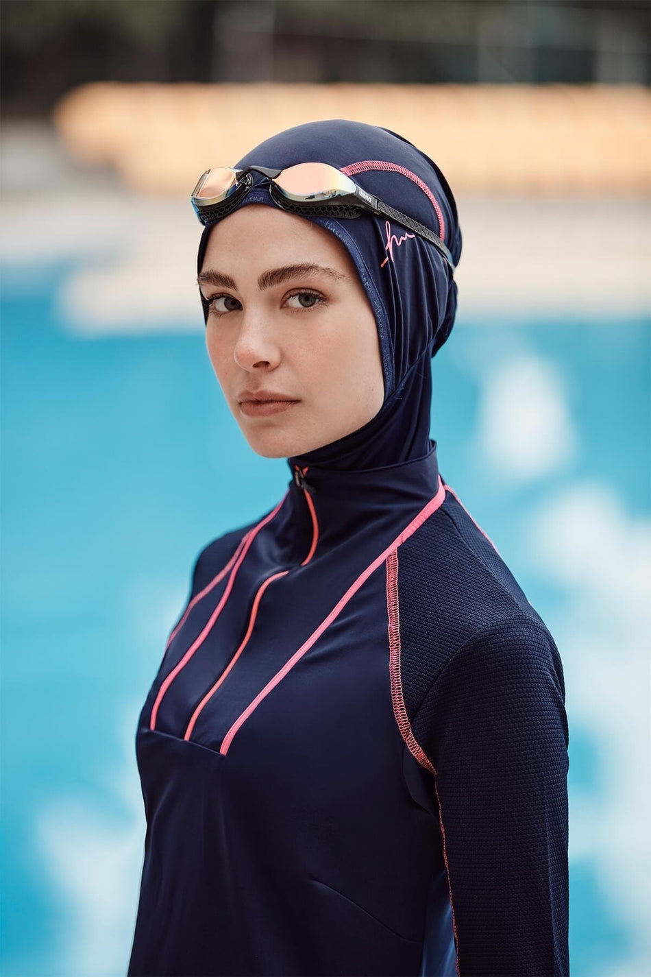 Hasema Performance Series Navy Blue Lycra 4-Piece Modest Swimsuit Set with Foot Strap Detail H-per 30