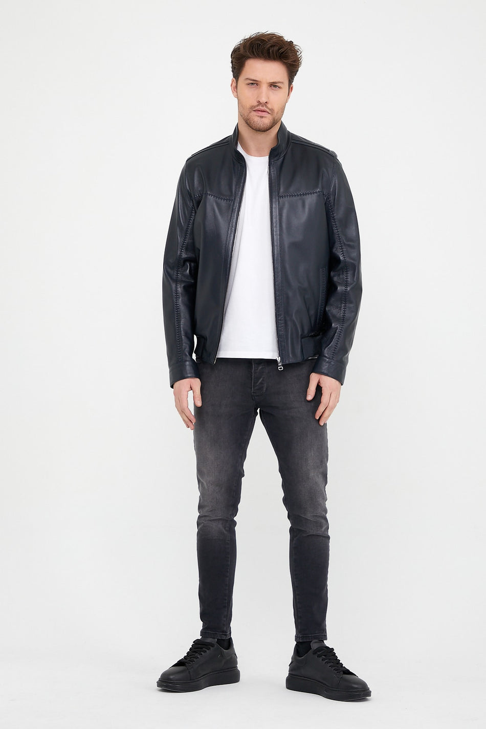 Casaco de cabedal azul-marinho Leather Club