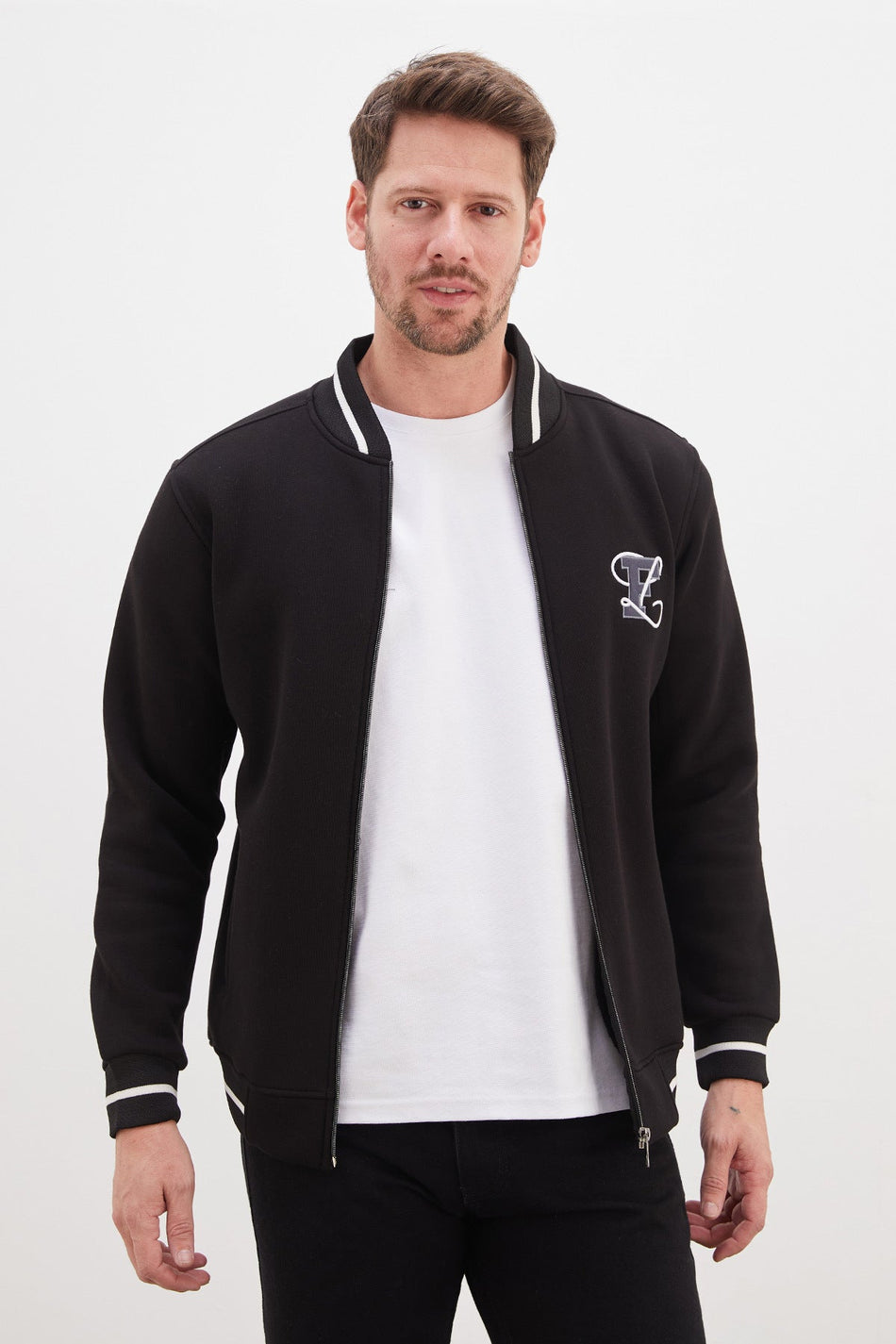3 Thread F Letter Embroidered Zippered College Jacket - MALLTURK