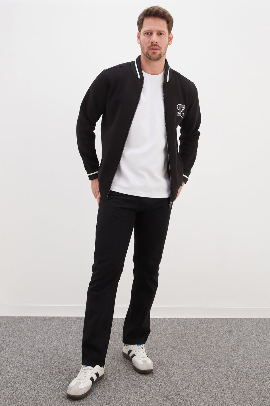 3 Thread F Letter Embroidered Zippered College Jacket - MALLTURK