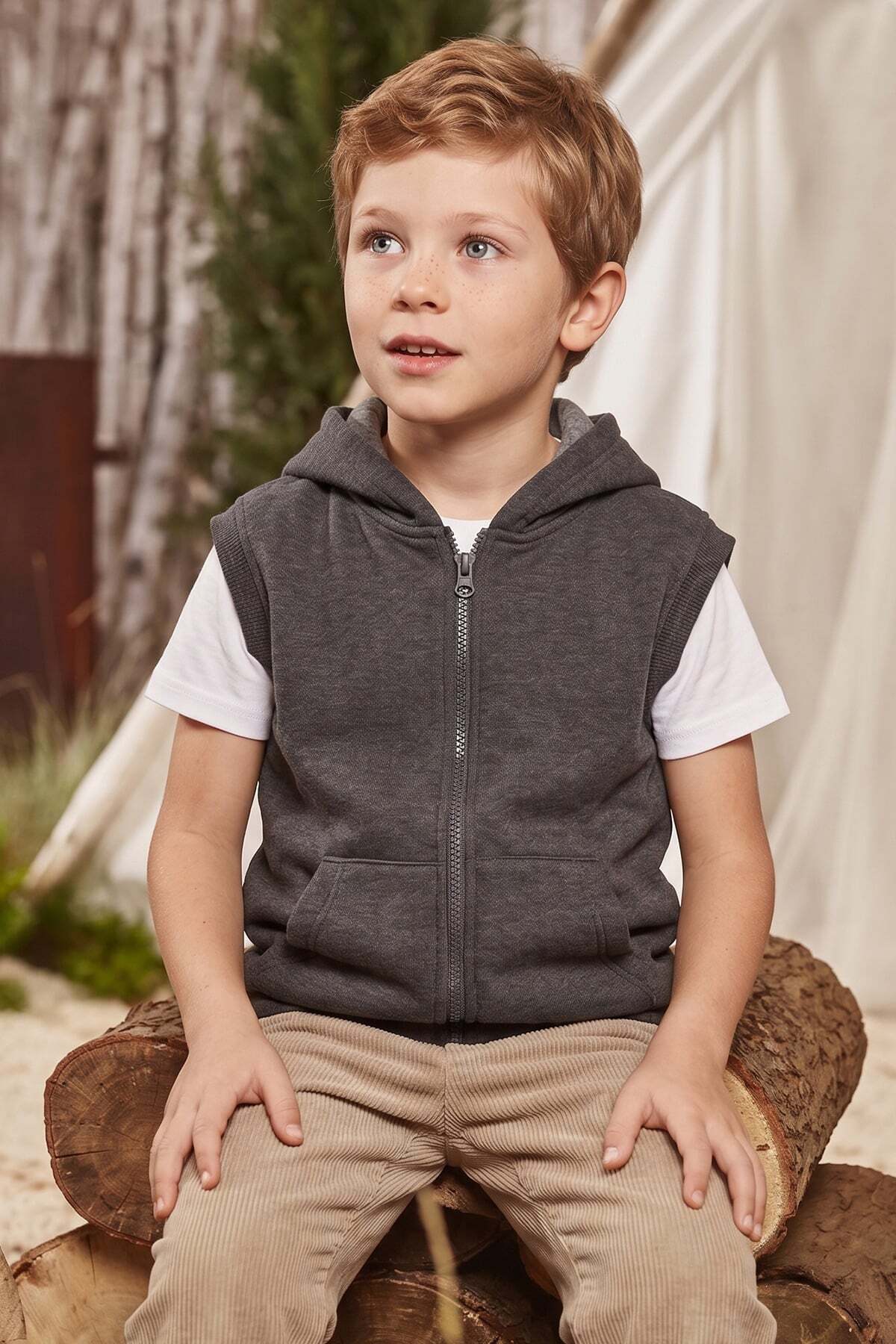 3 Thread Hooded Zippered Unisex Children's Vest - MALLTURK