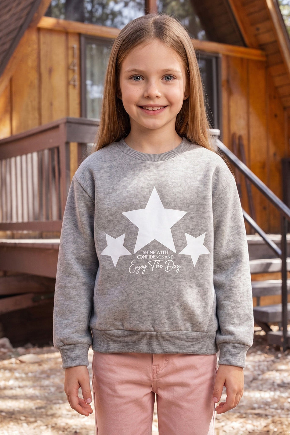 3 Thread Star Printed Crew Neck Girls' Sweatshirt - MALLTURK