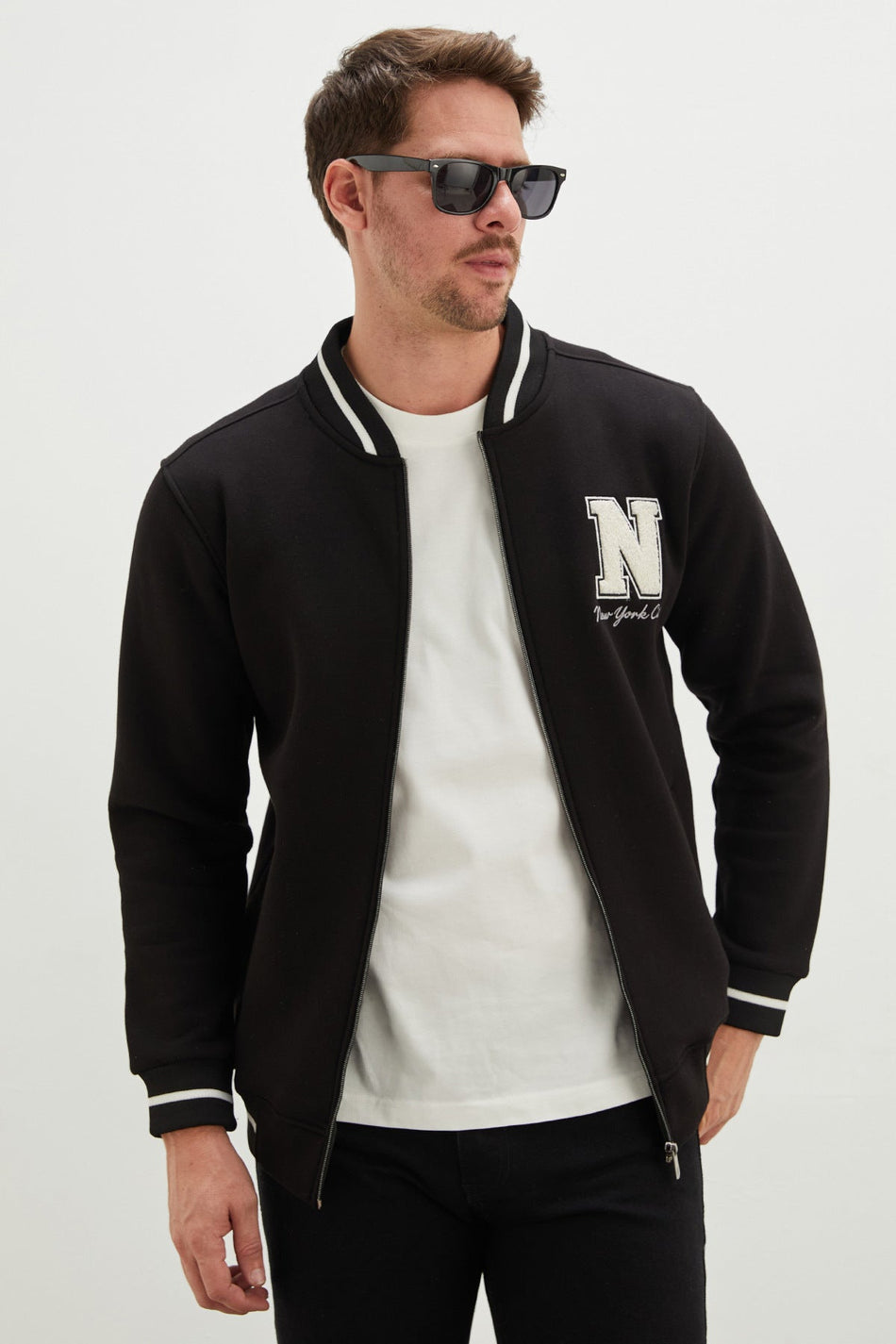 3-Thread Zippered Embroidered College Jacket - MALLTURK