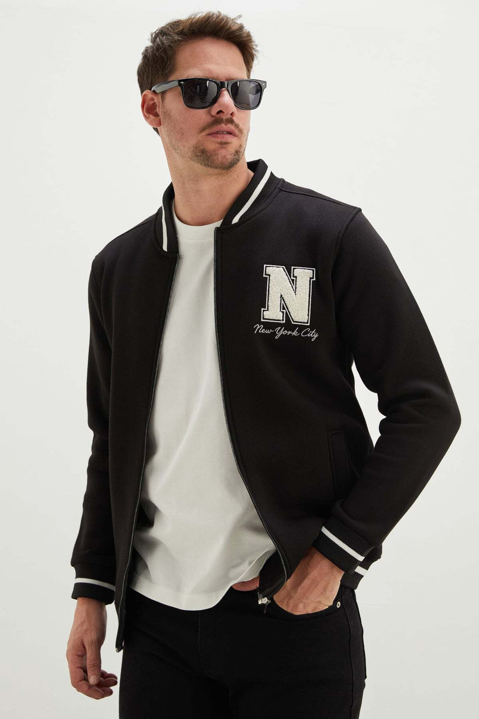 3-Thread Zippered Embroidered College Jacket - MALLTURK